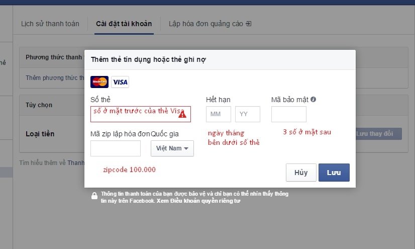 huong dan add the visa vao tai khoan quang cao facebook cho nguoi moi